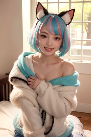 (best quality, masterpiece), 1girl, off shoulder,(softcolored hair:1.3), clutter girl's lovely room, hugging stuffed animal, fluffy hoodie with animal ears, 15 year old, smile, off shoulder, beaming face, FUJI