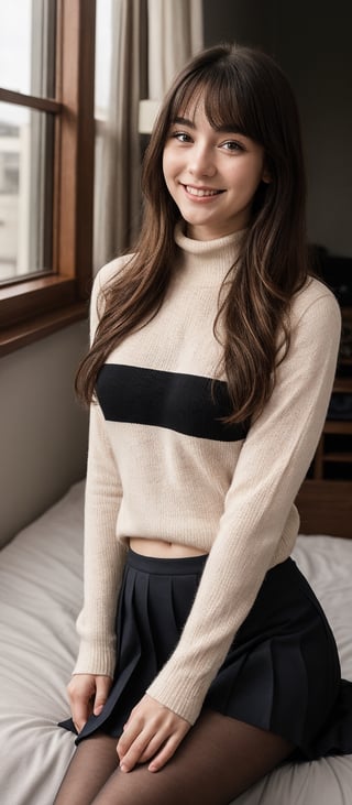 Generate hyper realistic image of a woman with long, wavy pink hair and blue eyes, wearing a pleated skirt and black pantyhose, sitting on a bed near a window. Her blush and closed-mouth smile convey a subtle sweetness, while her bangs frame her face. She wears a black sweater with long sleeves and a turtleneck, basking in the sunlight filtering through the window. 15 year old girl ,FUJI
