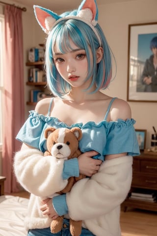 (best quality, masterpiece), 1girl, off shoulder,(softcolored hair:1.3), clutter girl's lovely room, hugging stuffed animal, fluffy hoodie with animal ears,FUJI