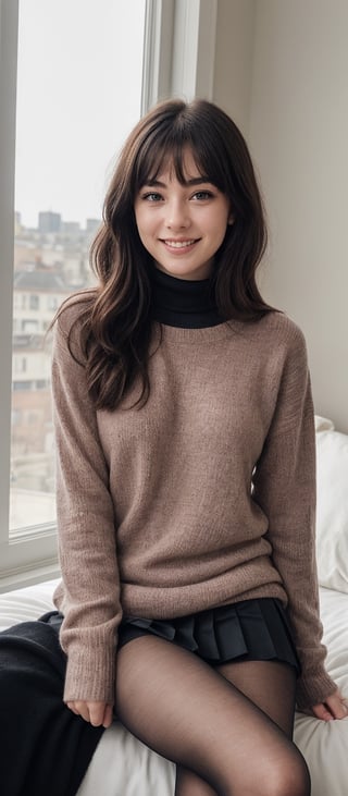 Generate hyper realistic image of a woman with long, wavy pink hair and blue eyes, wearing a pleated skirt and black pantyhose, sitting on a bed near a window. Her blush and closed-mouth smile convey a subtle sweetness, while her bangs frame her face. She wears a black sweater with long sleeves and a turtleneck, basking in the sunlight filtering through the window. 15 year old girl 