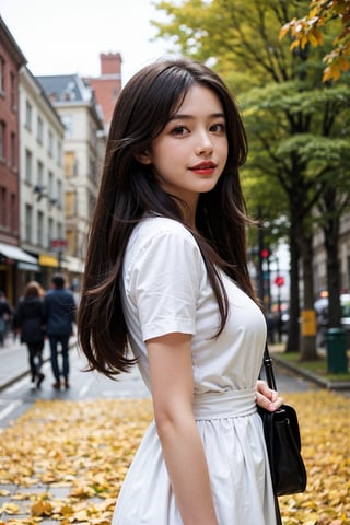 1girl, solo, long hair, looking at viewer, smile, black hair, brown eyes, upper body, black eyes, lips,  v, realistic, red lips, Standing, Wearing an autumn cotton dress, standing on a street with yellow fallen leaves, with passers-by in the distance, dynamic angle, wind flowing, messy hair ,sks woman