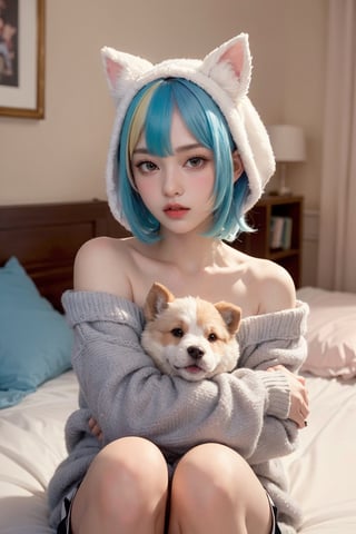 (best quality, masterpiece), 1girl, off shoulder,(softcolored hair:1.3), clutter girl's lovely room, hugging stuffed animal, fluffy hoodie with animal ears,FUJI