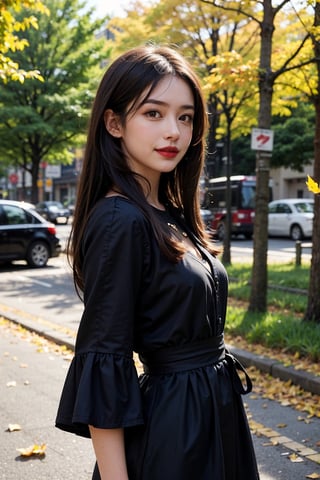 1girl, solo, long hair, looking at viewer, smile, black hair, brown eyes, upper body, black eyes, lips,  v, realistic, red lips, Standing, Wearing an autumn cotton dress, standing on a street with yellow fallen leaves, with passers-by in the distance, dynamic angle, wind flowing, messy hair ,sks woman