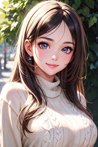  (masterpiece), top quality, best quality,ultra-realistic,high resolution, high definition, extremely detailed, smooth skin,detailed skin, detailed face, detailed eyes,1girl, cute face,smile,outdoor,white thin sweater