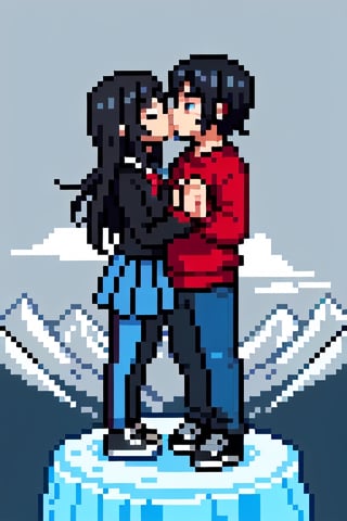 boy with black hair, red sweatshirt, blue pants and black sneakers with electric powers kissing with a girl with white hair and blue eyes, dressed as a schoolgirl with a gray blouse that has ice powers
they kiss on the top of a mountain,Pixel art