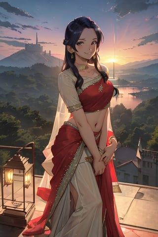 women ,gorgeous, beautiful face, 2 piece lehenga, sexy, magic castle , lighting  sky , ruined mountains ,smiling ,, sunset fantasy , masterpiece , sharp eyes, detailed,highres, anime