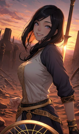 woman, sadiyaa, beauty , smiling  , ,warrior  ,, magic circle in background  ruined  battle  , sunset ,horizon apocalyptic ,,fantasy , masterpiece , sharp eyes, detailed,highres, realistic, jewelry,anime ,detailed 2k, masterpiece