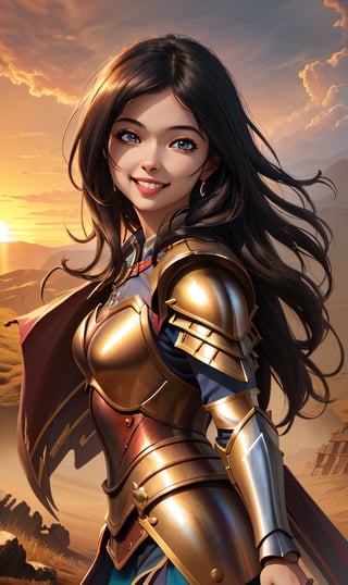 woman, mouk beauty , smiling  , ,warrior , armour ,, magic circle in background  ruined  battle  , sunset ,horizon apocalyptic ,,fantasy , masterpiece , sharp eyes, detailed,highres, realistic, jewelry,anime ,detailed 2k, masterpiece