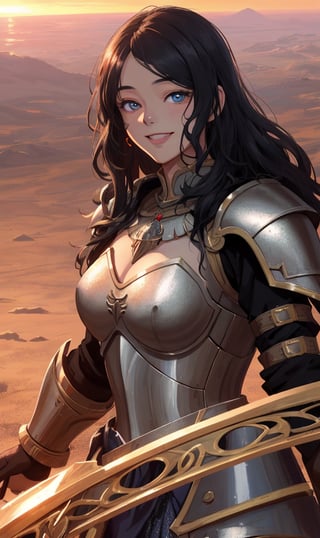 woman, sadiyaa, beauty , smiling  , ,warrior , armour ,, magic circle in background  ruined  battle  , sunset ,horizon apocalyptic ,,fantasy , masterpiece , sharp eyes, detailed,highres, realistic, jewelry,anime ,detailed 2k, masterpiece