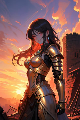 woman, beauty , smiling , .divine magic , black  2 piece armour ,, ruined  castle, sunset,destroyed ,apocalyptic ,,fantasy , masterpiece , sharp eyes, detailed,highres, realistic, jewelry,anime ,detailed face , 8k, masterpiece