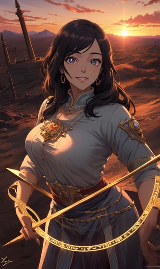 woman, sadiyaa, beauty , smiling  , ,warrior  ,, magic circle in background  ruined  battle  , sunset ,horizon apocalyptic ,,fantasy , masterpiece , sharp eyes, detailed,highres, realistic, jewelry,anime ,detailed 2k, masterpiece