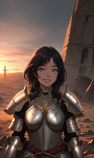 woman, sadiyaa, beauty , smiling  , ,warrior , armour ,, magic circle in background  ruined  battle  , sunset ,horizon apocalyptic ,,fantasy , masterpiece , sharp eyes, detailed,highres, realistic, jewelry,anime ,detailed 2k, masterpiece