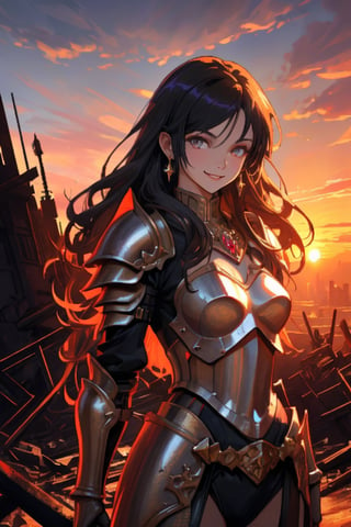 woman, beauty , smiling , .divine magic , black  2 piece armour ,, ruined  castle, sunset,destroyed ,apocalyptic ,,fantasy , masterpiece , sharp eyes, detailed,highres, realistic, jewelry,anime ,detailed face , 8k, masterpiece