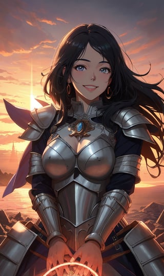 woman, sadiyaa, beauty , smiling  , ,warrior , armour ,, magic circle in background  ruined  battle  , sunset ,horizon apocalyptic ,,fantasy , masterpiece , sharp eyes, detailed,highres, realistic, jewelry,anime ,detailed 2k, masterpiece