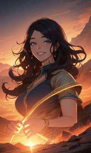 woman, sadiyaa, beauty , smiling  , ,warrior  ,, magic circle in background  ruined  battle  , sunset ,horizon apocalyptic ,,fantasy , masterpiece , sharp eyes, detailed,highres, realistic, jewelry,anime ,detailed 2k, masterpiece