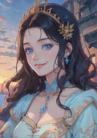 woman, beauty , smiling , .divine magic ,blue elegant outfit princess,,   castle, sunset, ,,fantasy , masterpiece , sharp eyes, detailed,highres, realistic, jewelry,anime ,detailed face , 8k, masterpiece,anime