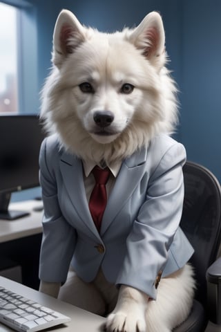 Detailed realistic , photo of a samoyed dog, anthropomorphized, 1_girl, wearing a professional suit, snow white fur, eyes on the computer , sitting on the workstation , expression super happy, having fun, natural light