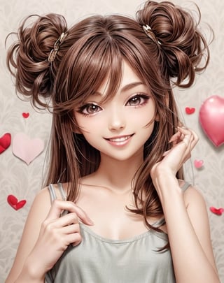 masterpiece, anime style, chibi, illustrated logo, medium short shot, head tilted three quarters, emote for twitch of a girl, medium dark brown eyes, dark brown hair, wearing camisole, long hair to chest, smiling, proud, making a heart with hands,milokk,xxmixgirl