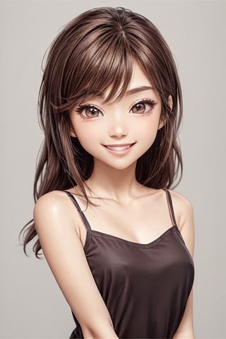 masterpiece, anime style, chibi, illustrated logo, medium short shot, head tilted three quarters, emote for twitch of a girl, medium dark brown eyes, dark brown hair, wearing camisole, long hair to chest, smiling, proud.