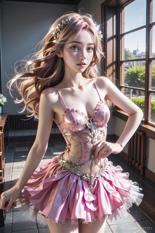 Pink Lady, Barbie style. Thin hourglass frames, sparkling dark blue sapphire eyes, (flowing pink hair 1.5), fair skin, tutu wedding dress, (dancing in a pink tutu wedding dress), (pink tutu wedding dress 1.2), Tutu wedding dress, hand to mouth, sparkling eyes 01