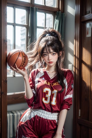 (Masterpiece, superb, super high resolution), Japanese woman, ((very beautiful 25 year old girl))), pretty girl, look at the photographer ､ ((beautiful low ponytail)), super cute face, glossy lips , double eyelids, natural smile, natural makeup, long eyelashes, smooth and shiny hair, central image, perfect limbs, perfect anatomy, (((red basketball jersey))),(((Looking back ) ), soaked with sweat,