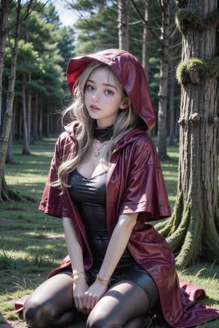 In the forest at dark night, the 20-year-old Witch of the East has a solemn expression and long white hair, (wearing a red hooded cloak 1.5), (black tight dress 1.5), (high heels 1.2), (golden exorcism necklace 1), ( Gold exorcism bracelet 1), (gold mark on forehead 1.2). Weird moonlight, volumetric light, high dynamic range, stand-up.