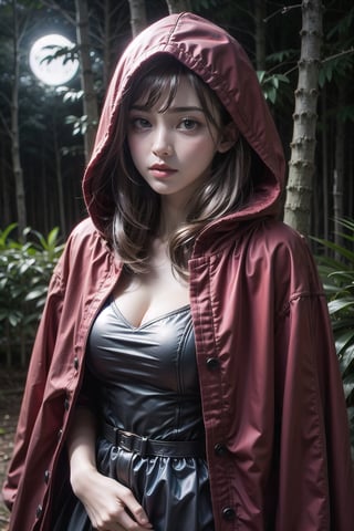 Dark night forest. A woman wears a red hooded cloak and a black dress underneath. Weird moonlight, volumetric light, high dynamic range, stand-up.