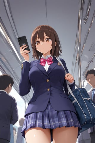 (nsfw),school uniform,blazer,1girl,shoulder_school bag,{{{looking at phone}}},train interior,((standing)),1 girl is brown medium hair,brown eye,wide hip,mini_skirt,operating a smartphone, :> ,kawaii,((((from below))),Voyeurism, upskirt