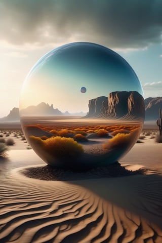 hyper realistic image, a giant light sphere, in a desert, as if it were another dimension, inside the circle, a landscape with a lake and colorful vegetation, an oasis, like a dream, fantasy, all around of the circle, a vast and dry desert, contrasting with the image from inside the circle, a mysterious figure standing, as if about to enter the portal, atmosphere of mystery, sci-fi style, delicate detailing,subtle texture,soft-focus effect,soft shadows,minimalist aesthetic,gentle illumination,elegant simplicity,serene composition timeless appeal,visual softness,extremely high quality high detail RAW color photo,professional lighting,sophisticated color grading,sharp focus,soft bokeh,striking contrast,dramatic flair,depth of field,seamless blend of colors,CGI digital painting,cinematic still 35mm,CineStill 50D,800T,natural lighting,shallow depth of field,crisp details,hbo netflix film color LUT,32K,UHD,HDR,film light,panoramic shot,breathtaking,hyper-realistic,ultra-realism,high-speed photography,perfect contrast,award-winning phography,directed by lars von trie,style,DonMM1y4XL,fx-monsters-xl-meatsack,DonM3v1lM4dn355XL 