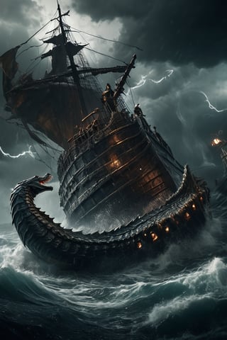 Ulta realistic image, 32k resolution, intricated details, a great sea serpent, emerging from the waters in the middle of a storm in a rough sea, attacking a large medieval ship, its crew fights against the monster, dark fantasy tones,  horror atmosphere, crisp focus,  volumetric light, soft shadows,knight&dragon