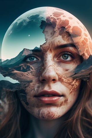 a completely surreal, unreal, insane image, a translucent close-up woman big face, in double exposure with a landscape of other planet with dedert, mountains, and a big moon,  highly detailed,DOUBLE EXPOSURE