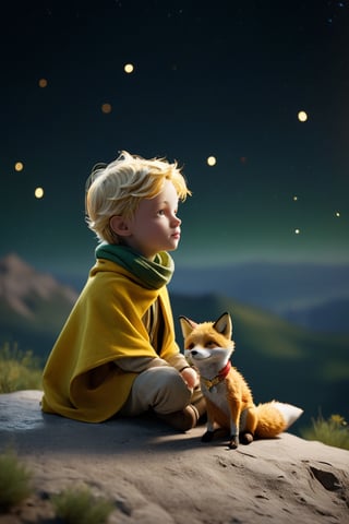 create a realistic, humanized version of the main character of the book "The Little Prince" (Le Petit Prince) from the classic book written by Saint-Exupéry, with his royal clothes and his yellow scarf, accompanied by his fox friend,   sitting on a green mountain, watching the stars at night,  delicate detailing,subtle texture,soft-focus effect,soft shadows,minimalist aesthetic,gentle illumination,elegant simplicity,serene composition timeless appeal,visual softness,extremely high quality high detail RAW color photo,professional lighting,sophisticated color grading,sharp focus,soft bokeh,striking contrast,dramatic flair,depth of field,seamless blend of colors,CGI digital painting,cinematic still 35mm,CineStill 50D,800T,natural lighting,shallow depth of field,crisp details,hbo netflix film color LUT,32K,UHD,HDR,film light,panoramic shot,breathtaking,hyper-realistic,ultra-realism,high-speed photography,perfect contrast,award-winning phography,directed by lars von trie
,greg rutkowski,more detail XL