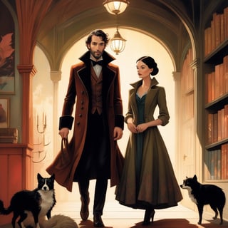 The Velvets are vampiric characters, guides of a sort, from Gaiman’s Neverwhere.

perfect detailing, intricate details, mellow, muted hues, romantic, shabby-chic, dreamy artwork by oliver jeffers & jane newland   
