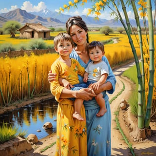 Oil painting style, a Argentine countryside with bamboo and yellow apricot blossom flowers. Showing mother with child, ((mother and her son)), high quality, extremely detailed.
