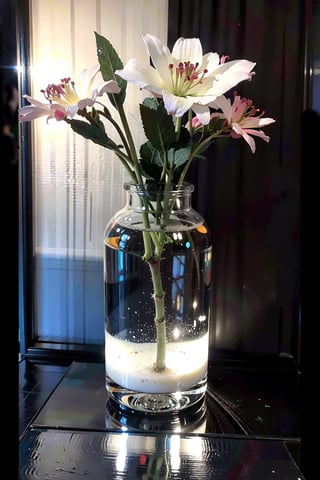 black glass vase containing glass flowers