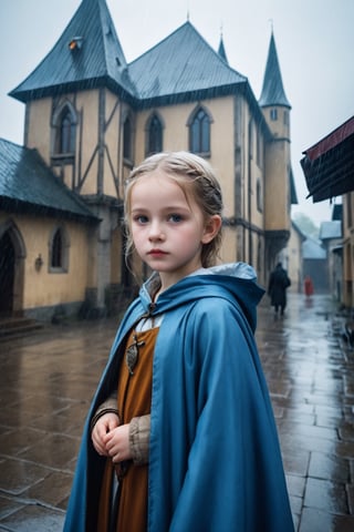 A blue-eyed baby girl left in front of the orphanage in the rainy weather in the medieval fantasy city is seen from afar