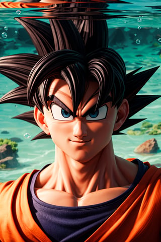 Highly detailed, High Quality, Masterpiece,beautiful, (medium short shot),1boy, solo, Son Goku from Dragon Ball,Portrait underwater, detaild, background, air bubbles. anatomy, eyes open, black_eyes, black_eyebrows , son goku, Dragon Ball, muscular, muscular man,closed mouth..,perfect split lighting