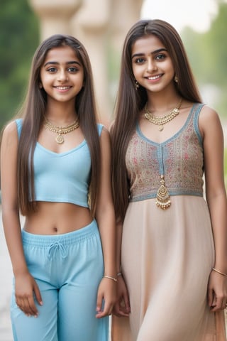 two teenager 13 girl with long hair and big eyes, looking at viewer, smile, necklace, face with ultradetailed, indian muslim, 2_gilrs, 2 different girls, 2girls, perfet body, perfect face, full body, beautyfull face, sexy bodys, ultrarealistic, 8k, bokeh style