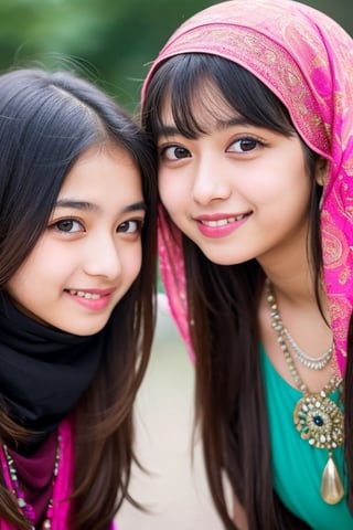 two teenager girl with long hair and big eyes, looking at viewer, smile,  necklace, face with ultradetailed, indian muslim, 2_gilrs, 2 different girls, 2girls,
ultrarealistic, 8k, bokeh style