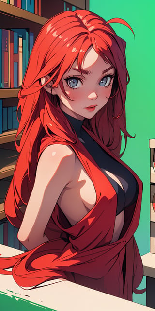 (best quality, masterpiece), sole_female, age 17,  sexy, looking at viewer, bookstore background, upper body, Red silk party top, long hair, red hair, touching_hair