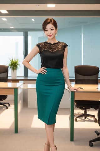 (chaming face)Stunning Korean office scene: models, one with light-skinned face, beautiful lips, and eyes, sporting short cut ponytail hair, styled neatly, and a bright, happy smile. Pose in well-lit office room during the day, confidently standing in front of white background, wearing lace blouse and deep green pleated long skirt, paired elongating legs and creating sleek, sophisticated look. Full-body pose highlights curves and elegance.