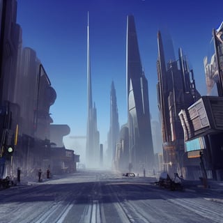 Futuristic post apocalyptic dystopian city in summer street view