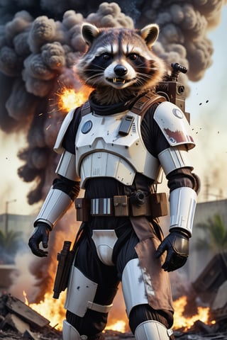((racoon head)), full body, starwars stormtrooper suit, [professional soldier], [camouflage uniform], [defensive position], [smoke and explosions], [galaxy setting], [late afternoon dusk lighting], [high camera angle], [long zoom lens medium format camera], in the style of [Apocalypse Now],cyborg style,detailmaster2,Explosion Artstyle