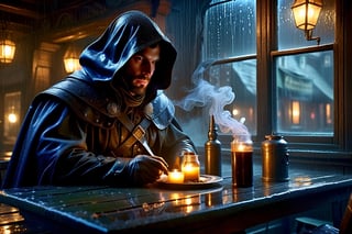Ultra-high quality, extremely detailed, photography, glooming fantasy post-apocaliptic,
 outside a muted glass of the window, with dim evening backlight and smog in old tavern,
 man in the under Hood of dark cape sitting at the table with a plate of food and revolver and pump shotgun,
  face in neon mirror liquid that glowed with blue flashes and twitched with ripples under the deep hood of a dark cloak, high boots,
 realistic detailed skin texture, looking into the camera deep under hood, the through the rain (full body), giper deteiled, cinematic realism. highly detailed, extremely high quality image, HDR, Complex Details Showing Unique and Enchanting Elements, Very Detailed Digital Painting, Dramatic Lighting, Very Realistic, real photo quality, depth of field, 16K resolution, REALISTIC, Masterpiece, photorealistic,DonMW15pXL
