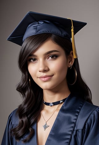 16 year old Colombian girl, black hair (very long hair, curly hair), dressed completely in graduation gown and graduation cap (dark blue), non-shiny fabric, smiling, black shoes, graduation stole, accessories (necklace, earrings ), , Best quality, 32k, photorealistic, half body (do not crop), ultra detailed, finely detailed, high resolution, perfect dynamic composition, beautiful detailed eyes, sharp focus, studio photography, cowboy_shot,