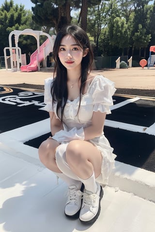 4k,best quality,masterpiece,18yo 1girl,(lolita_fashion),(white stockings), alluring smile, 
(Beautiful and detailed eyes),
Detailed face, detailed eyes, double eyelids ,thin face, real hands, Slender legs, whole body, white shoes, semi visible abs, ((short hair with long locks:1.2)), black hair, playground background,
real person, 
