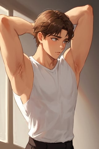 masterpiece, best quality, boy, solo, male, shirt, armpits, robust