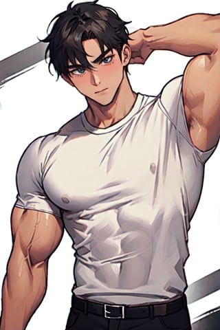 masterpiece, best quality, boy, solo, male, shirt, muscles