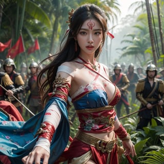 A beautiful female general, (Diao Chan), from the Romance of the Three Kingdoms, realistic human appearance, wearing a colorful deep-v silk cloth,injured and fighting with bandage, leading troops battle in a tropical jungle, 8K ultra-high quality, realistic image, cowboy shot), ,1 girl 
