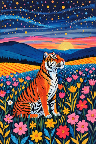 A serene nighttime landscape with a dark grey tabby tiger with white base sitting amidst a vibrant field of flowers. The tiger is positioned towards the left side of the image, gazing upwards. The sky above is painted in deep blue hues, dotted with numerous white specks, representing stars. The horizon showcases a gentle slope, transitioning from the night sky to a warm orange, possibly indicating a sunset or sunrise. The field is teeming with a variety of flowers in shades of pink, blue, and yellow, with intricate details and patterns on each bloom.